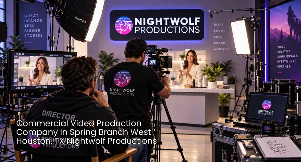 Commercial video production company Houston crew films a branded ad with studio cameras, LED lights, director, and talent.