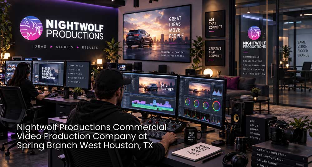 Commercial video production company Houston editor creates ads with dual monitors, color grading, graphics, and sound tools.