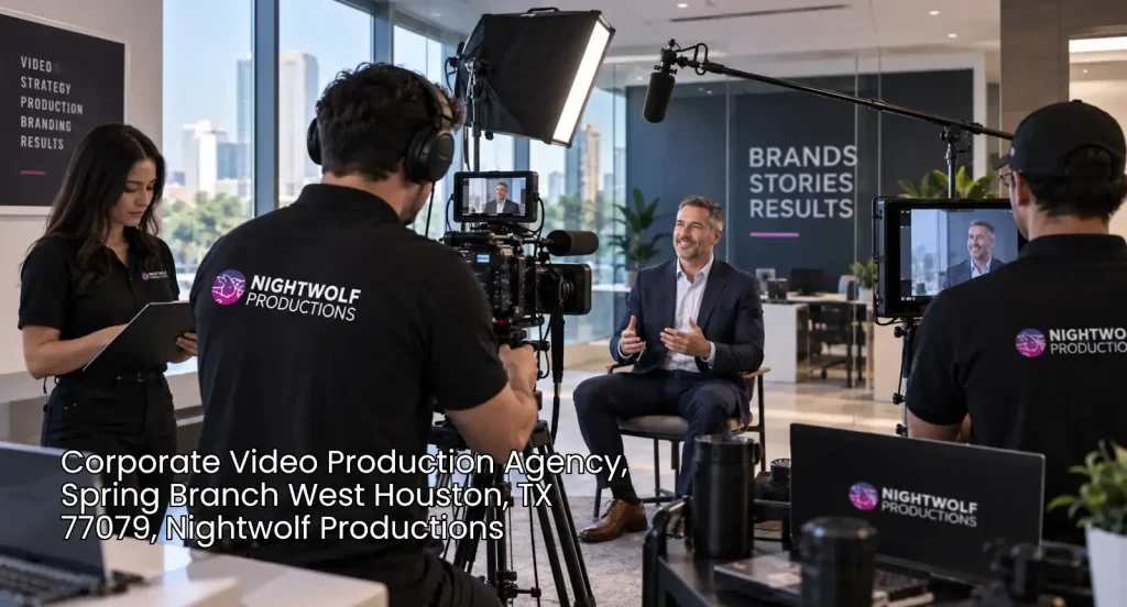 Production team filming a seated executive in a sleek office for a corporate video production agency Houston campaign.