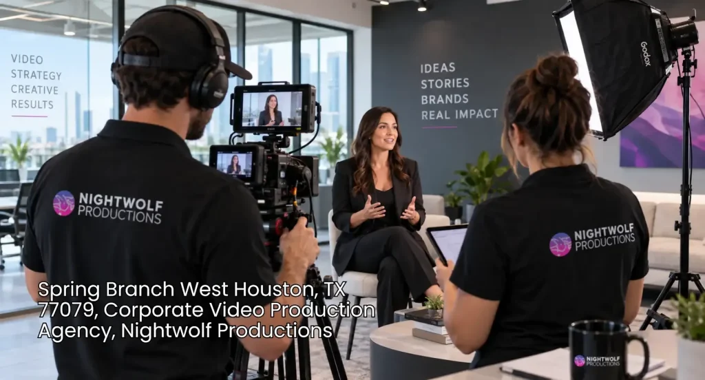 Crew filming a business interview in a modern office for a corporate video production agency Houston companies trust.
