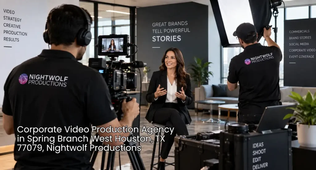 Video crew recording a spokesperson under studio lights for a corporate video production agency Houston office shoot.
