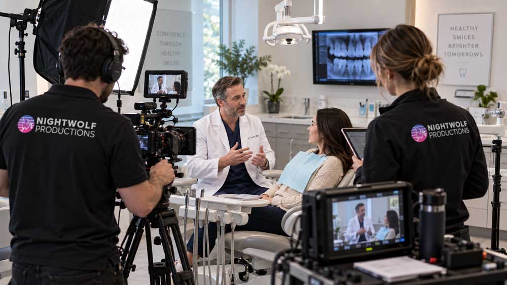 Behind-the-scenes crew filming dental procedure explainer videos Houston with a dentist, patient, camera, and lighting setup.