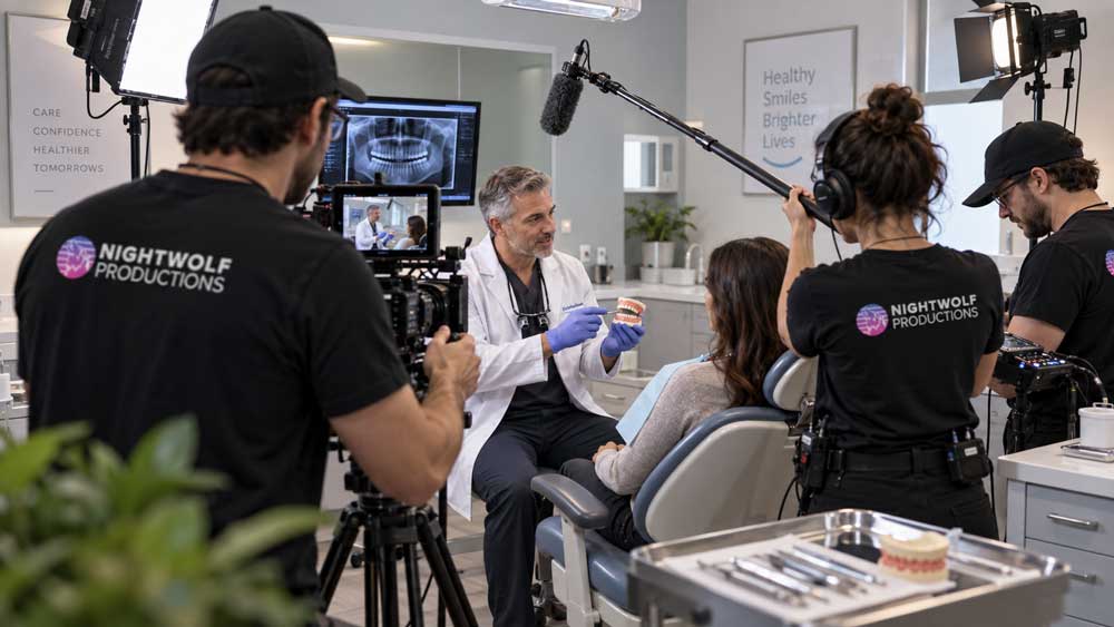 Production crew films dental procedure explainer videos Houston as a dentist demonstrates treatment to a seated patient.