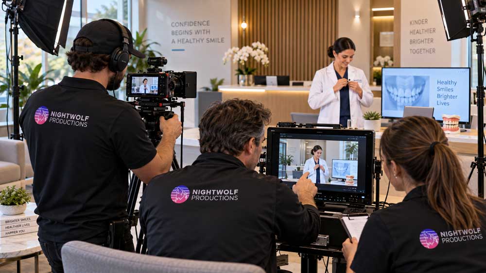 Video production team recording dental procedure explainer videos Houston as a dentist presents oral care in a modern clinic.