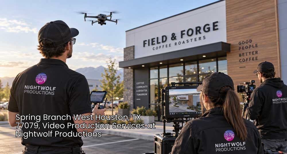 Nightwolf crew films a storefront with drone footage for professional video production services Houston businesses can use.