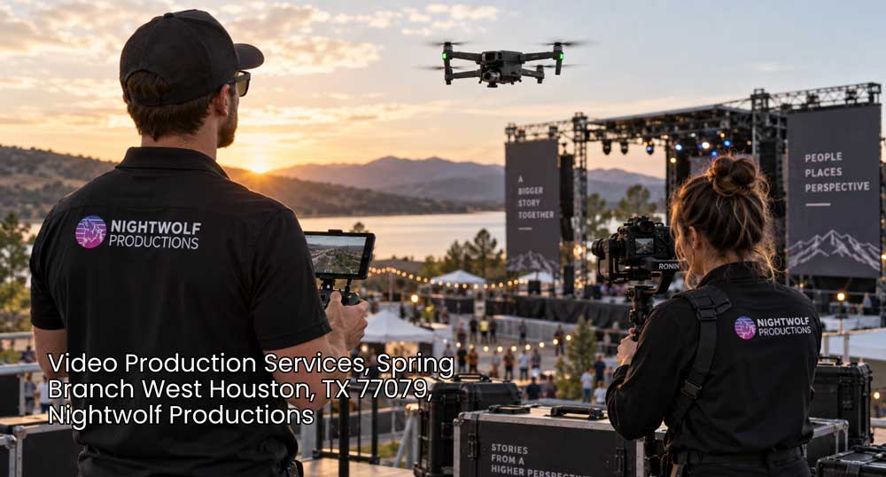 Nightwolf team films an outdoor event with drone and camera gear for commercial video production services Houston companies.