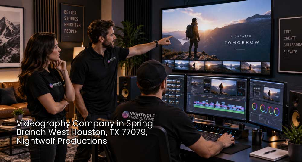 Creative production team reviewing a final video edit in a modern post-production studio for a videography company Houston.