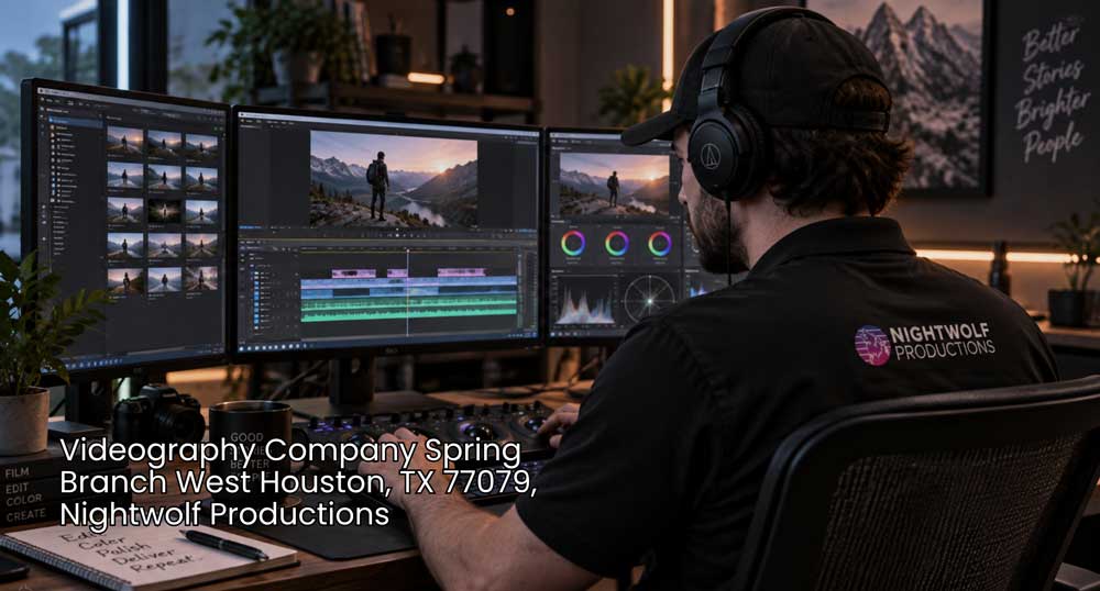 Professional editor color grading cinematic footage at a multi-monitor workstation for a videography company Houston.