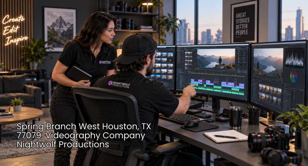 Video editors reviewing footage and timelines in a modern studio for a professional videography company Houston.