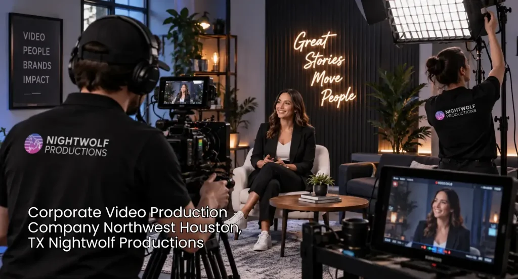 A corporate video production company in Houston films a professional interview with camera operators and studio lighting crew.